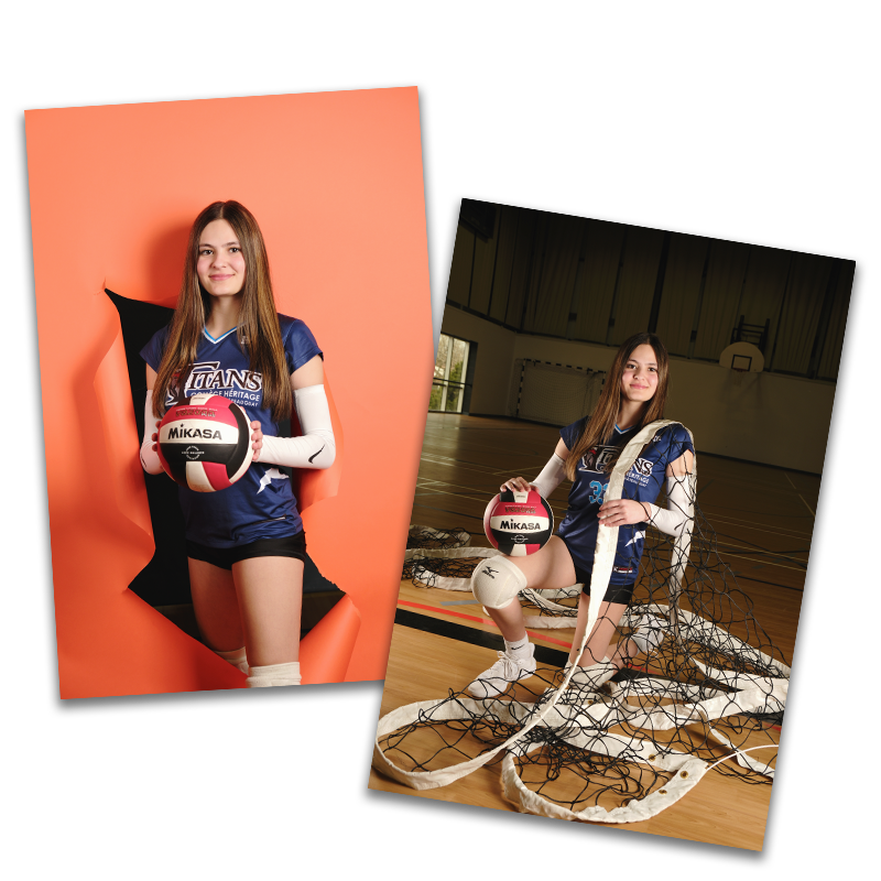 Sports portraits taken by Studio NanC as part of their On-Site Action Series - Girl holding volleyball coming out of an orance paper screen and another image of a girl on one knee holding a volley ball with a net over her shoulder