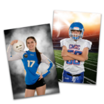 Sports portraits taken by Studio NanC as part of their Studio Sports Shots - Girl holding volleyball on her shoulder and a boy in a football uniforms wearing a helmet with his arms crossed.