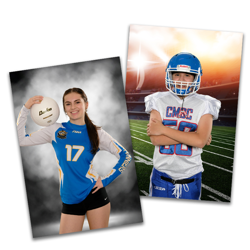 Sports portraits taken by Studio NanC as part of their Studio Sports Shots - Girl holding volleyball on her shoulder and a boy in a football uniforms wearing a helmet with his arms crossed.