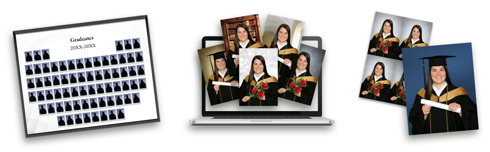 College group mosaic and digital portraits of a graduate and printed photos of a university graduate