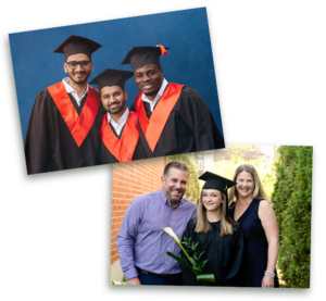Studio portraits of college or university graduates with their friends and family